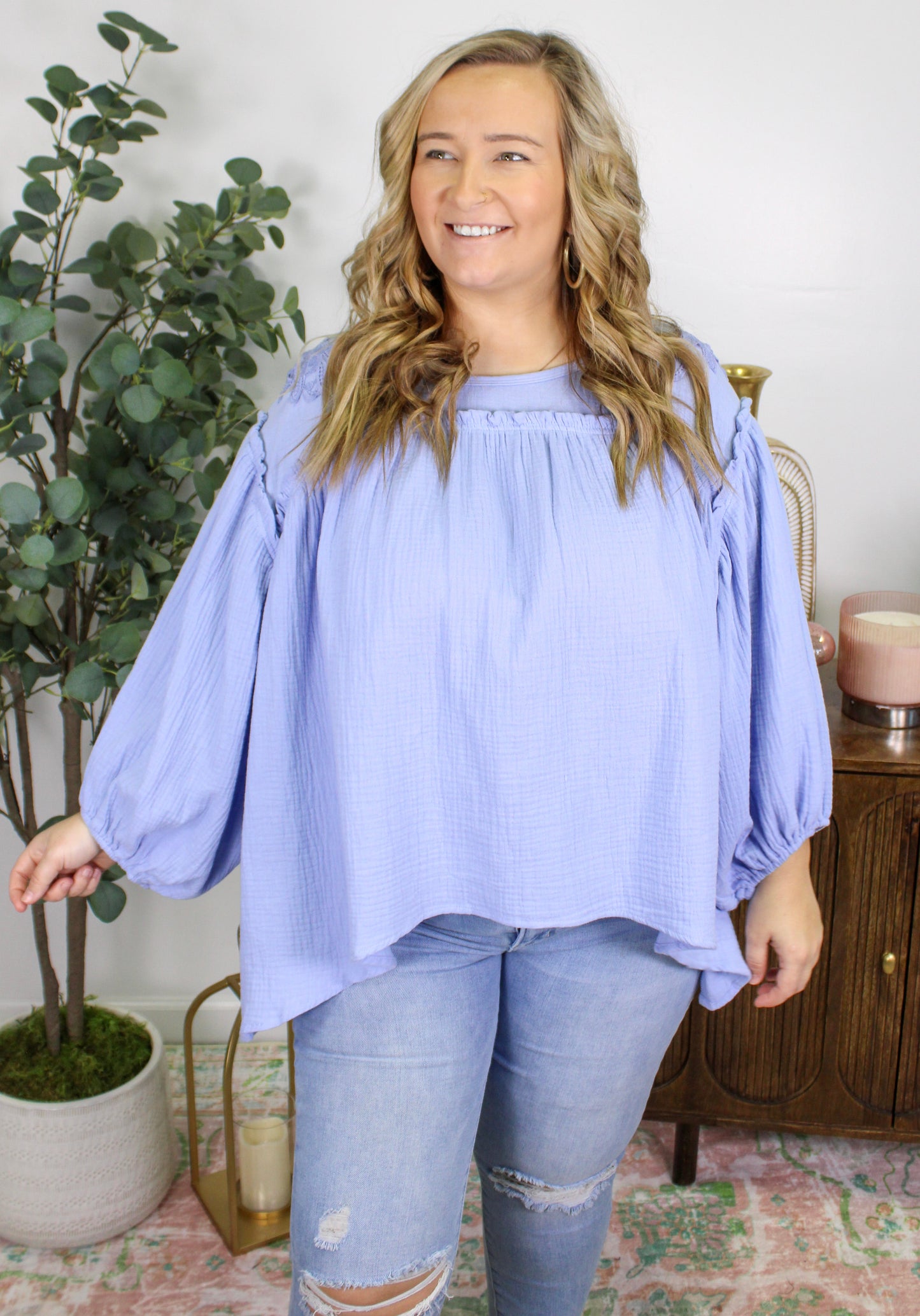 Blue Floral Embroidered Plus Size Blouse September.